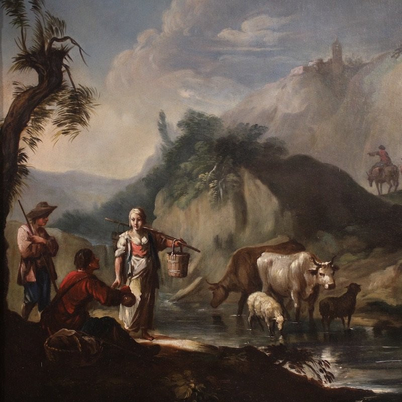 Great 18th Century Italian Painting, Landscape With Genre Scene-photo-3