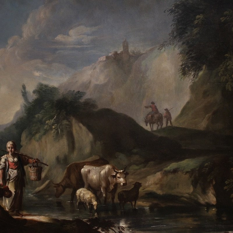 Great 18th Century Italian Painting, Landscape With Genre Scene-photo-1