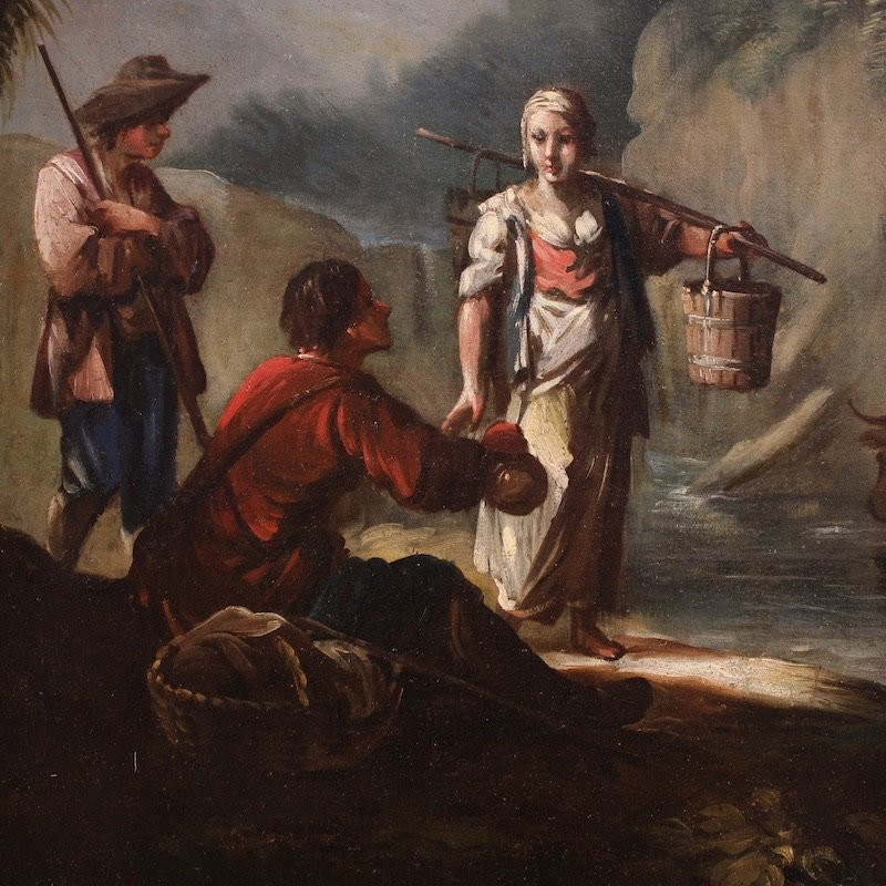 Great 18th Century Italian Painting, Landscape With Genre Scene-photo-2