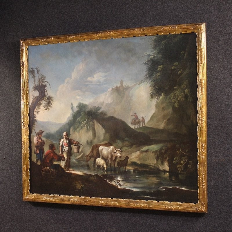 Great 18th Century Italian Painting, Landscape With Genre Scene-photo-5
