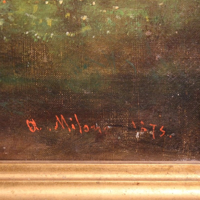 Peinture italienne signée de paysage bucolique du 19ème siècle-photo-4