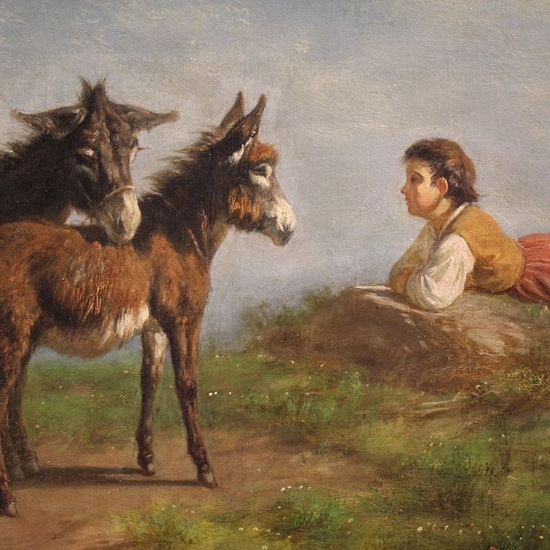 Peinture italienne signée de paysage bucolique du 19ème siècle-photo-5