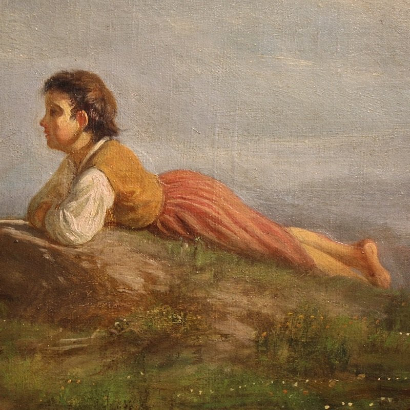 Peinture italienne signée de paysage bucolique du 19ème siècle-photo-6