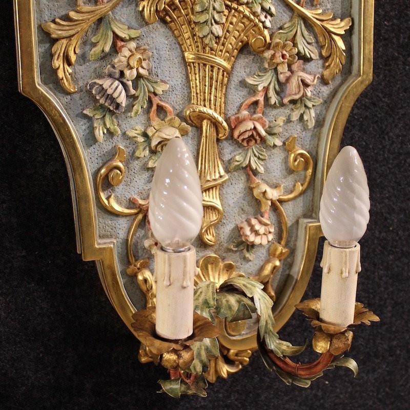 Pair Of Lacquered And Gilded Italian Louis XVI Style Wall Lamps-photo-4