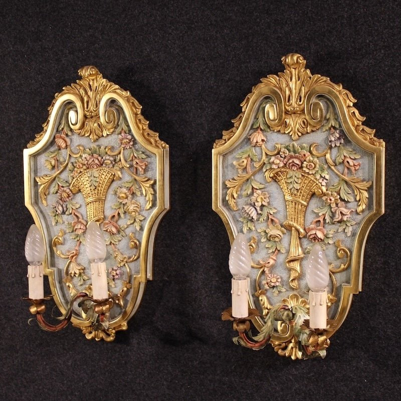 Pair Of Lacquered And Gilded Italian Louis XVI Style Wall Lamps-photo-8