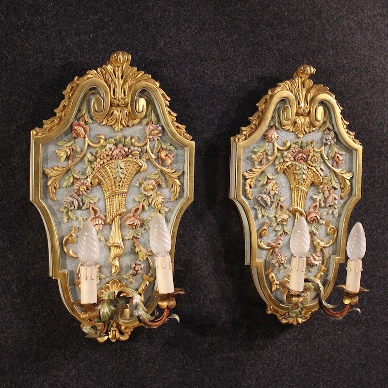 Pair Of Lacquered And Gilded Italian Louis XVI Style Wall Lamps