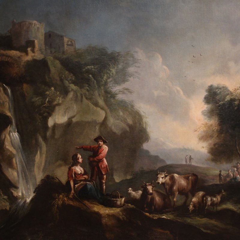 Great 18th Century Italian Painting, Landscape With Pastoral Scene And Figures-photo-2
