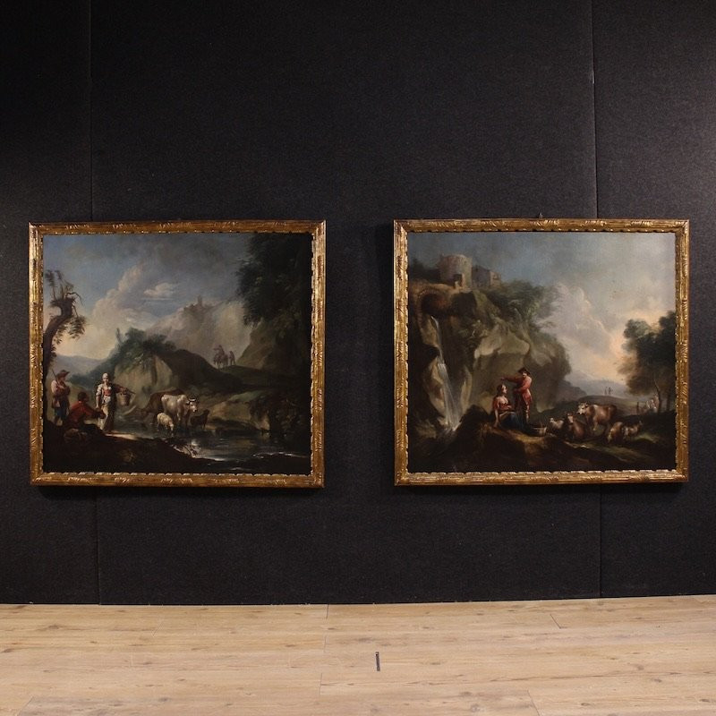 Great 18th Century Italian Painting, Landscape With Pastoral Scene And Figures-photo-3