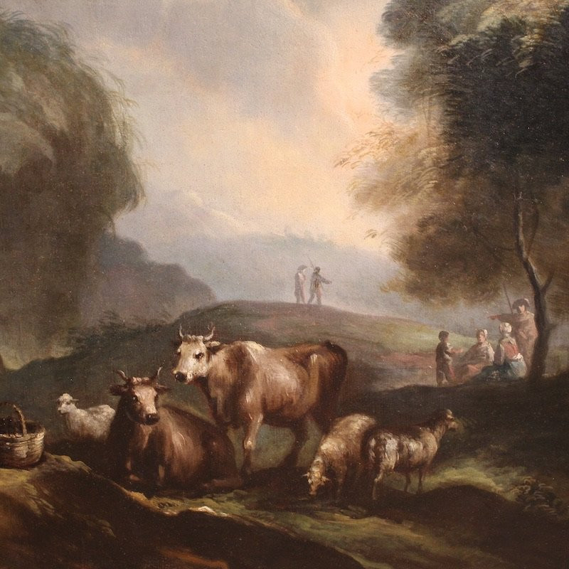 Great 18th Century Italian Painting, Landscape With Pastoral Scene And Figures-photo-1