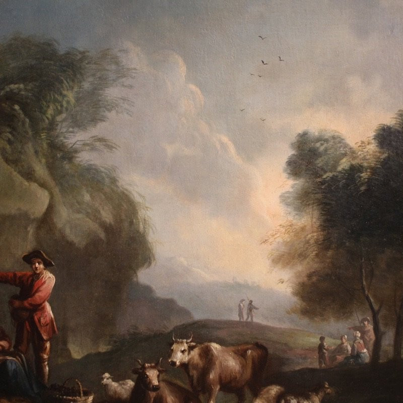 Great 18th Century Italian Painting, Landscape With Pastoral Scene And Figures-photo-6