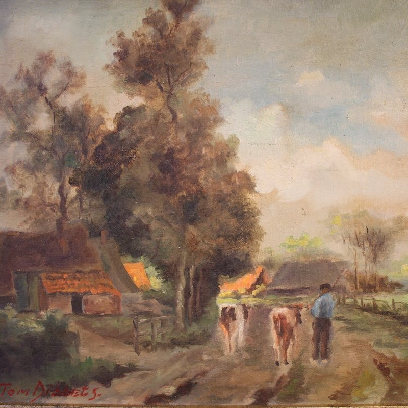 20th Century Flemish Bucolic Landscape Painting-photo-3