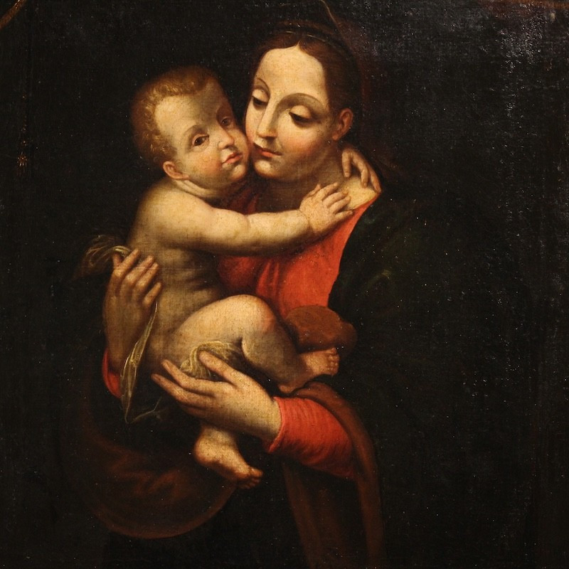Antique Religious Painting Madonna And Child From The 18th Century