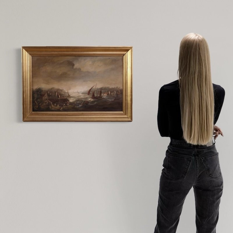 Peinture flamande marine avec bateaux et personnages du 20ème siècle-photo-2