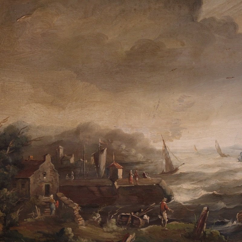 Peinture flamande marine avec bateaux et personnages du 20ème siècle-photo-3