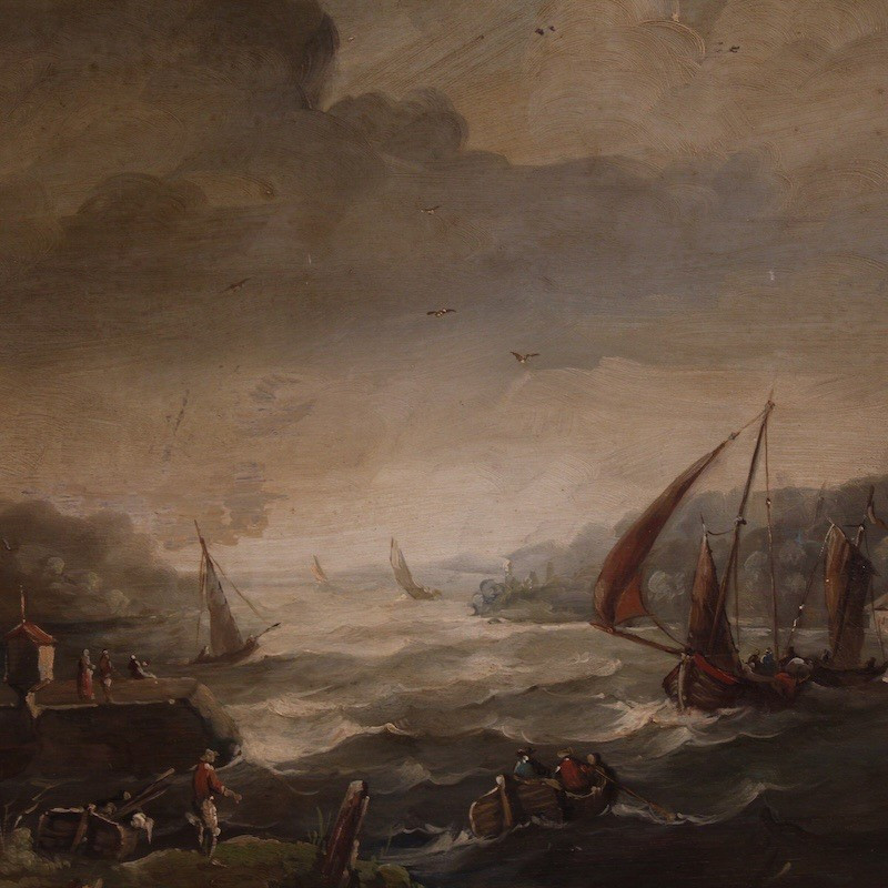 Peinture flamande marine avec bateaux et personnages du 20ème siècle-photo-4