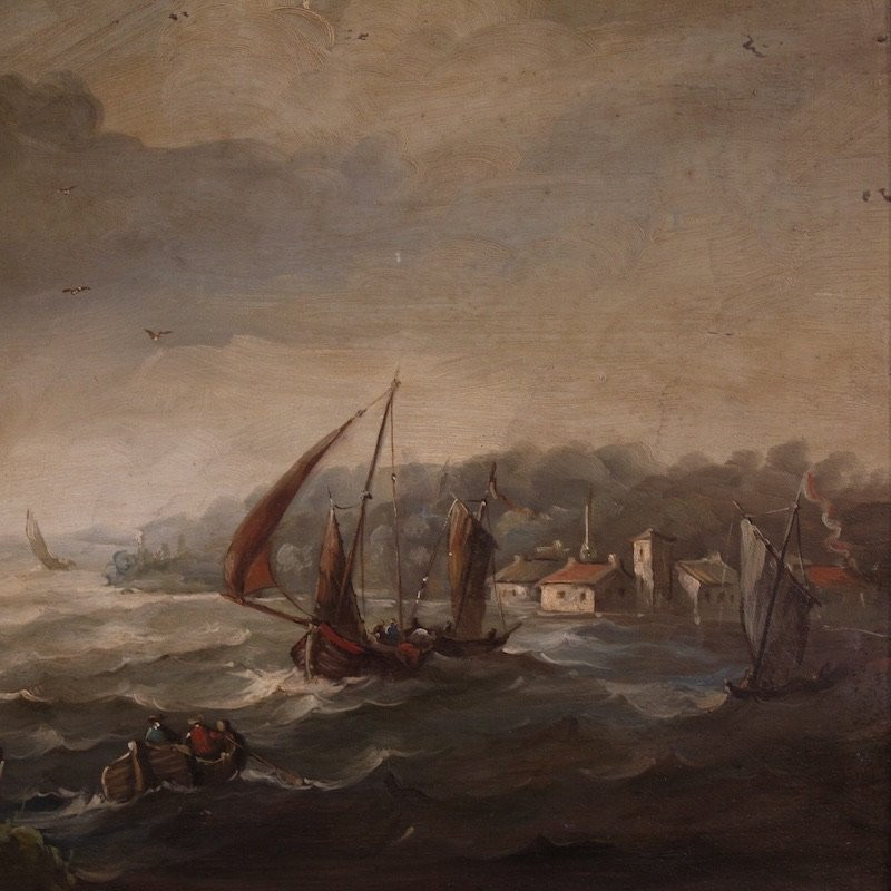 Peinture flamande marine avec bateaux et personnages du 20ème siècle-photo-1
