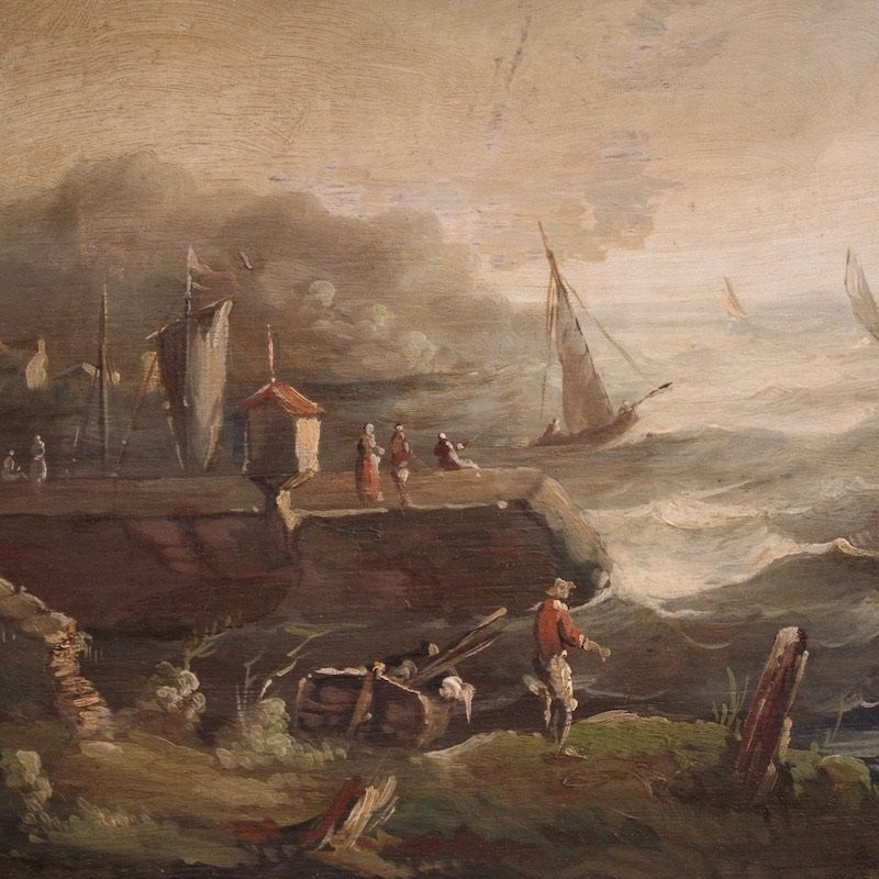 Peinture flamande marine avec bateaux et personnages du 20ème siècle-photo-2