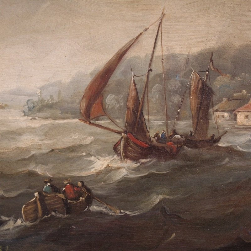 Peinture flamande marine avec bateaux et personnages du 20ème siècle-photo-3