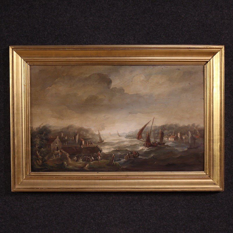 Peinture flamande marine avec bateaux et personnages du 20ème siècle