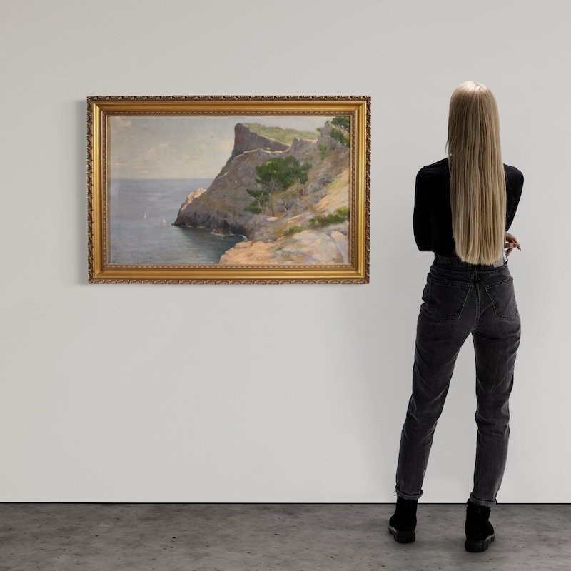 Peinture espagnole signée de paysage, vue sur la mer du 20ème siècle-photo-2