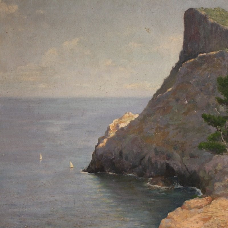 Peinture espagnole signée de paysage, vue sur la mer du 20ème siècle-photo-3