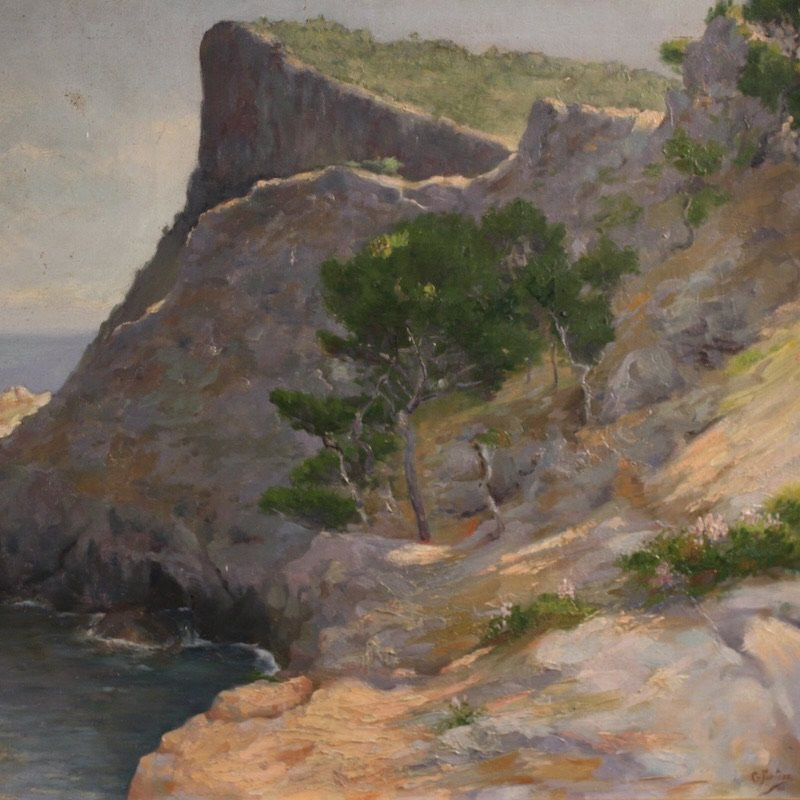 Peinture espagnole signée de paysage, vue sur la mer du 20ème siècle-photo-4