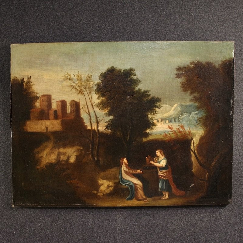 Antique Spanish Painting Of Jesus And The Samaritan Woman At The Well From The 17th Century-photo-2