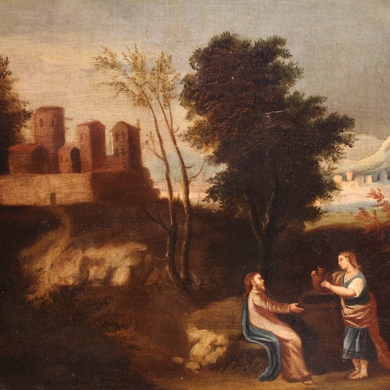 Antique Spanish Painting Of Jesus And The Samaritan Woman At The Well From The 17th Century-photo-4