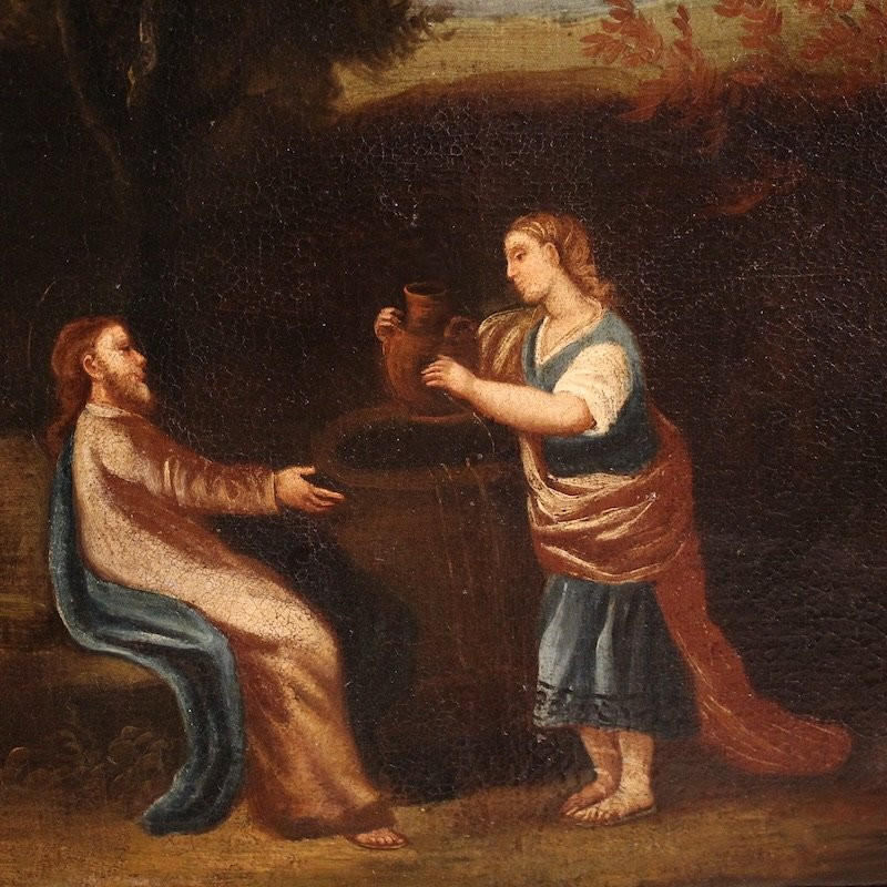 Antique Spanish Painting Of Jesus And The Samaritan Woman At The Well From The 17th Century-photo-1