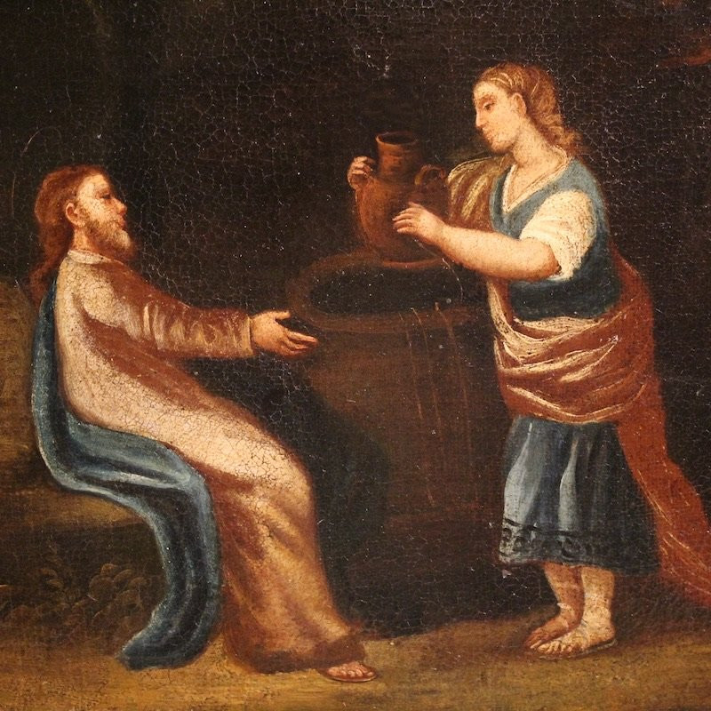 Antique Spanish Painting Of Jesus And The Samaritan Woman At The Well From The 17th Century-photo-5