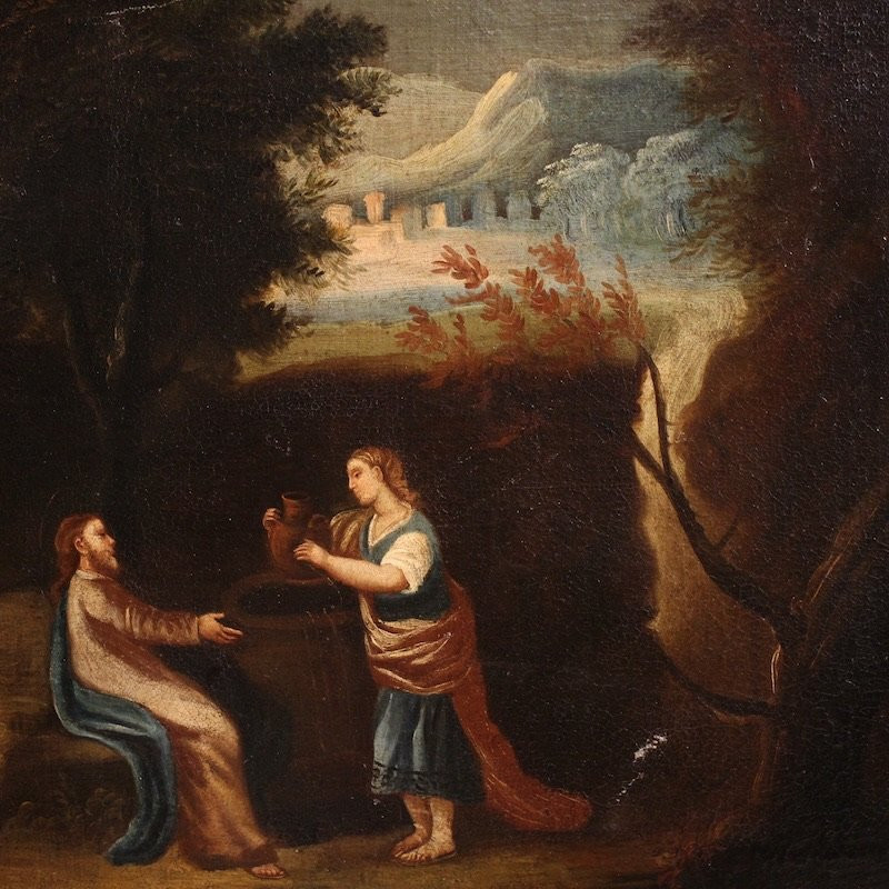 Antique Spanish Painting Of Jesus And The Samaritan Woman At The Well From The 17th Century-photo-6