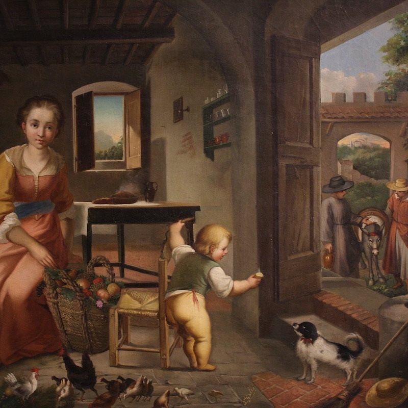 19th Century Interior Scene Italian Painting-photo-3