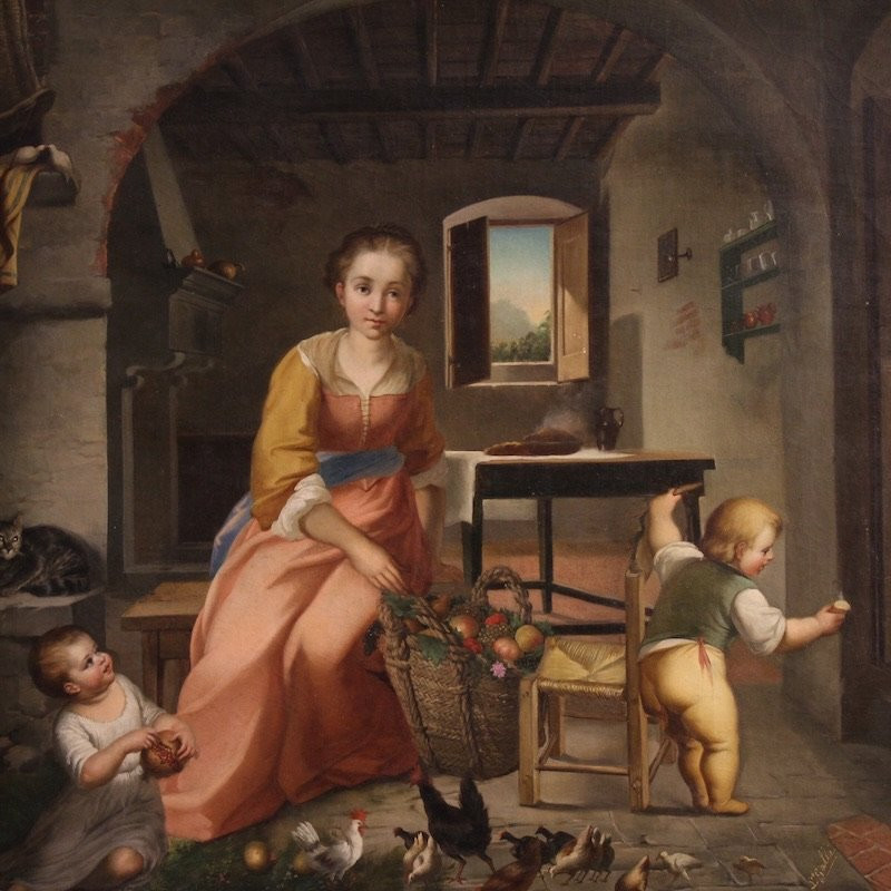 19th Century Interior Scene Italian Painting-photo-4