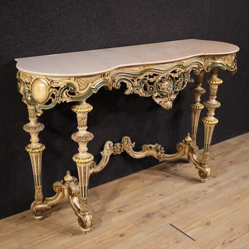Italian Lacquered And Gilded Console In Eclectic Style From 20th Century