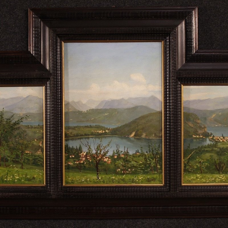 Triptych Of 20th-century Paintings View Of Lake Lugano-photo-3