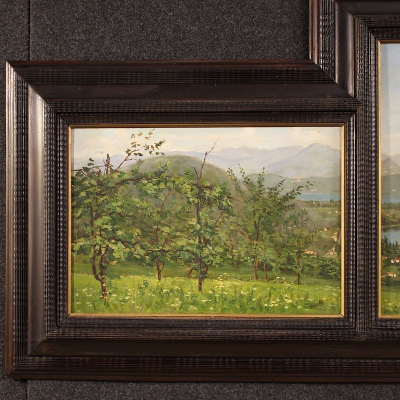 Triptych Of 20th-century Paintings View Of Lake Lugano-photo-4