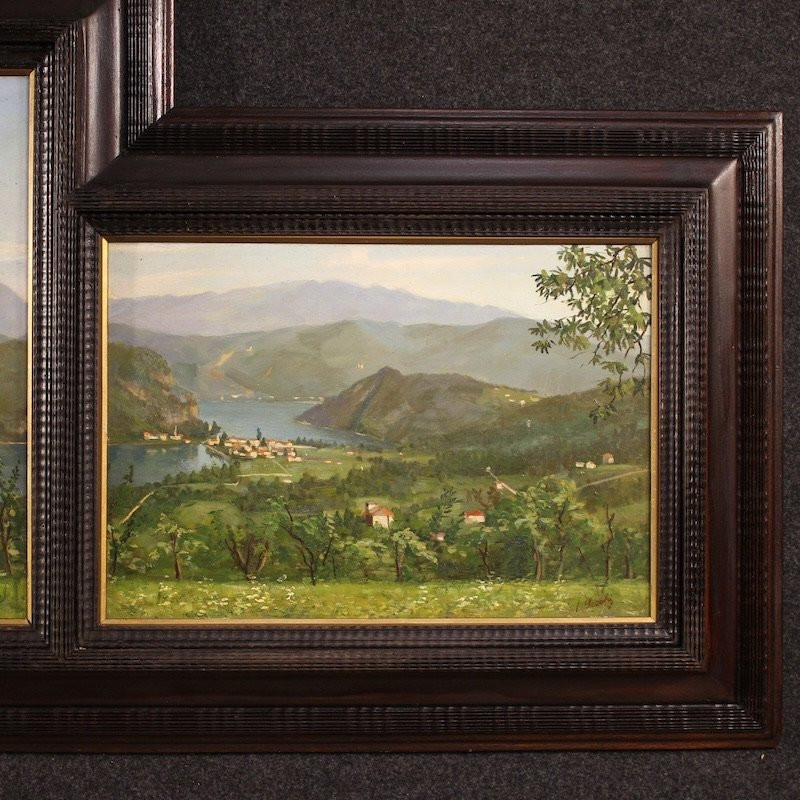 Triptych Of 20th-century Paintings View Of Lake Lugano-photo-1