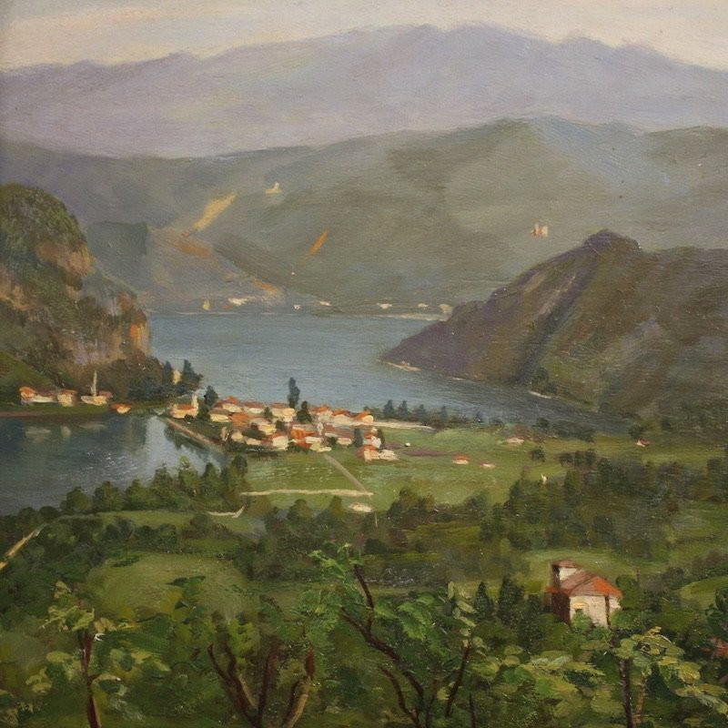 Triptych Of 20th-century Paintings View Of Lake Lugano-photo-3
