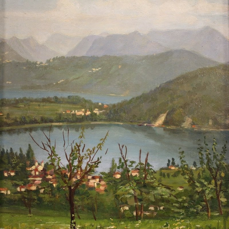 Triptych Of 20th-century Paintings View Of Lake Lugano-photo-5