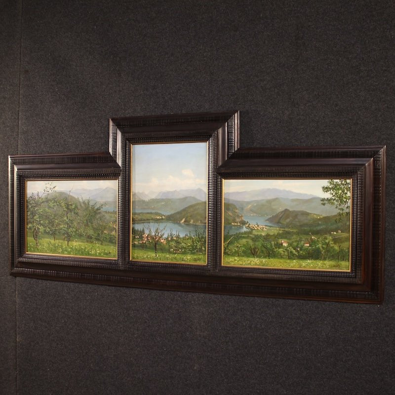 Triptych Of 20th-century Paintings View Of Lake Lugano-photo-8