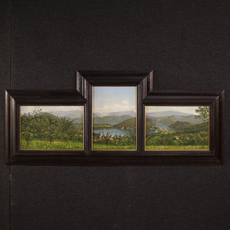 Triptych Of 20th-century Paintings View Of Lake Lugano