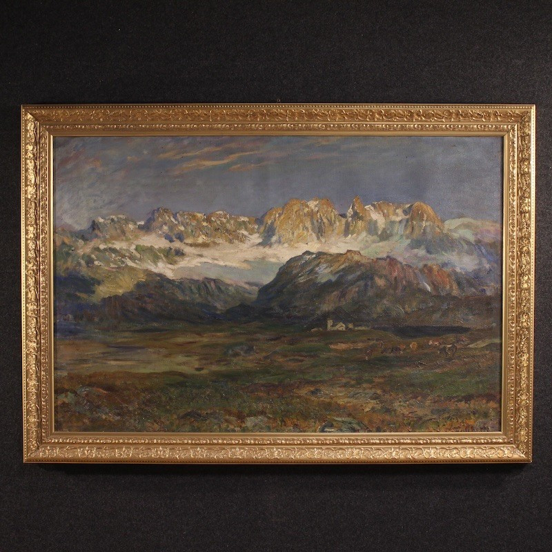 Ancienne peinture italienne signée paysage de montagne du 19ème siècle