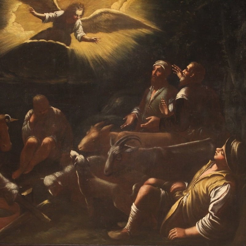 Antique Painting From The Bassano School Of The 17th Century, The Announcement To The Shepherds-photo-3