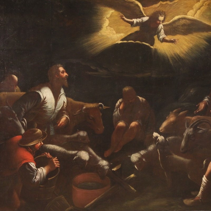 Antique Painting From The Bassano School Of The 17th Century, The Announcement To The Shepherds-photo-4