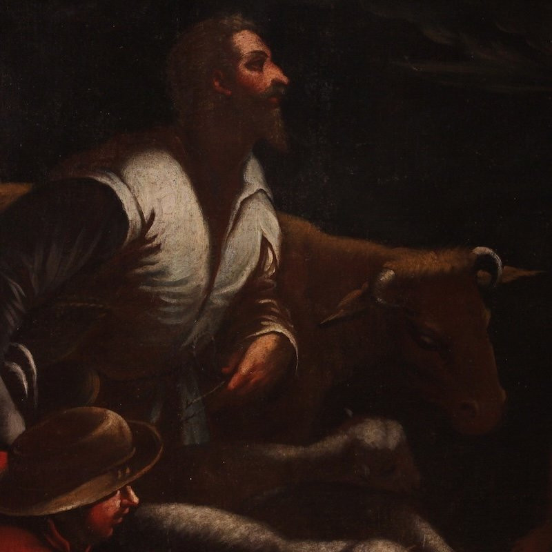 Antique Painting From The Bassano School Of The 17th Century, The Announcement To The Shepherds-photo-3