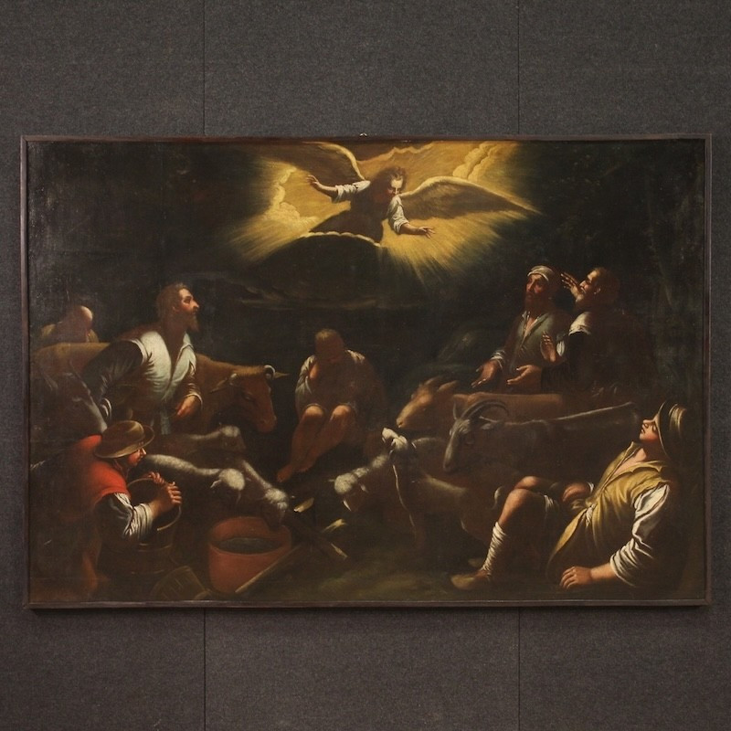 Antique Painting From The Bassano School Of The 17th Century, The Announcement To The Shepherds