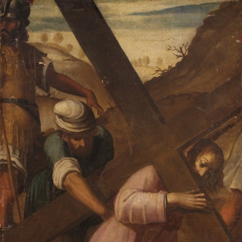 Antique Italian Painting Of The Way Of The Cross, Ascent To Calvary, From The 17th Century-photo-2