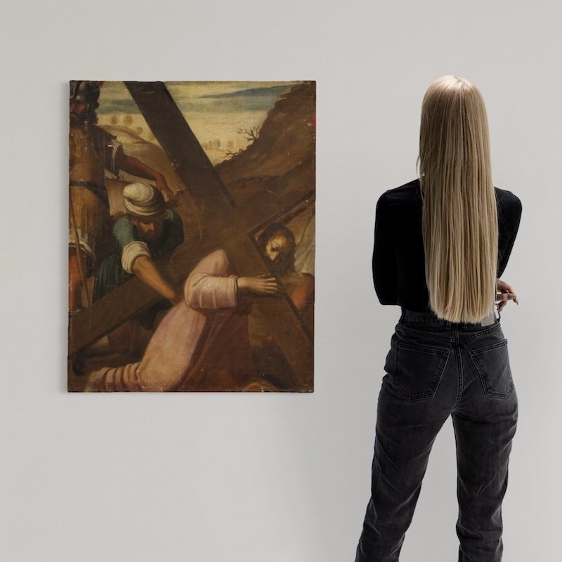 Antique Italian Painting Of The Way Of The Cross, Ascent To Calvary, From The 17th Century-photo-3