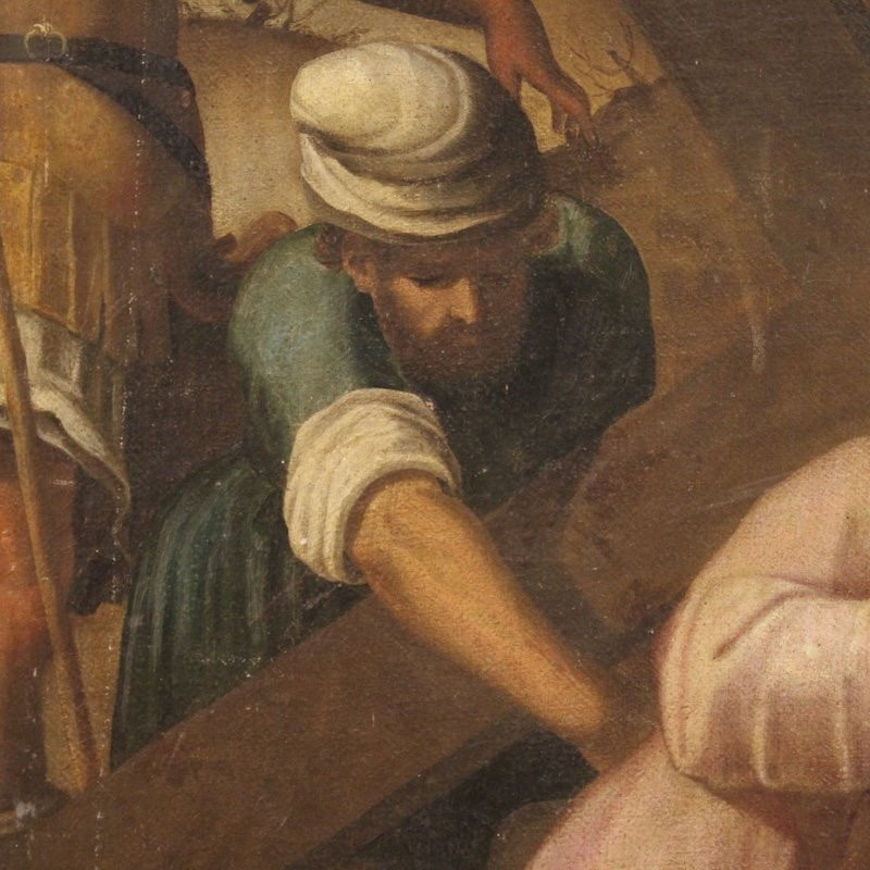 Antique Italian Painting Of The Way Of The Cross, Ascent To Calvary, From The 17th Century-photo-2