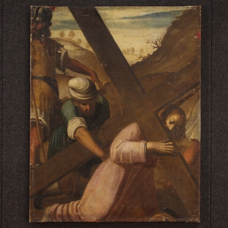 Antique Italian Painting Of The Way Of The Cross, Ascent To Calvary, From The 17th Century